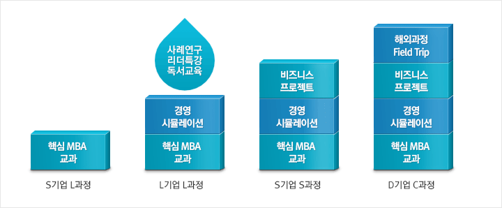 S기업 L과정-핵심 MBA교과 / L기업 L과정 - 사례연구 리더특강 독서교육, 경영 시뮬레이션, 핵심 MBA교과 / S기업 S과정 - 비즈니스 프로젝트, 경영 시뮬레이션, 핵심 MBA교과 / D기업 C과정 - 해외과정 Field Trip, 비즈니스 프로젝트, 경영 시뮬레이션, 핵심 MBA교과